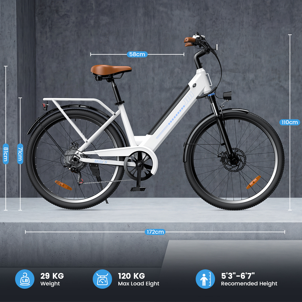 Biały rower elektryczny z brązowym siedzeniem, czarnymi błotnikami i srebrnymi detalami. Wymiary i specyfikacje.