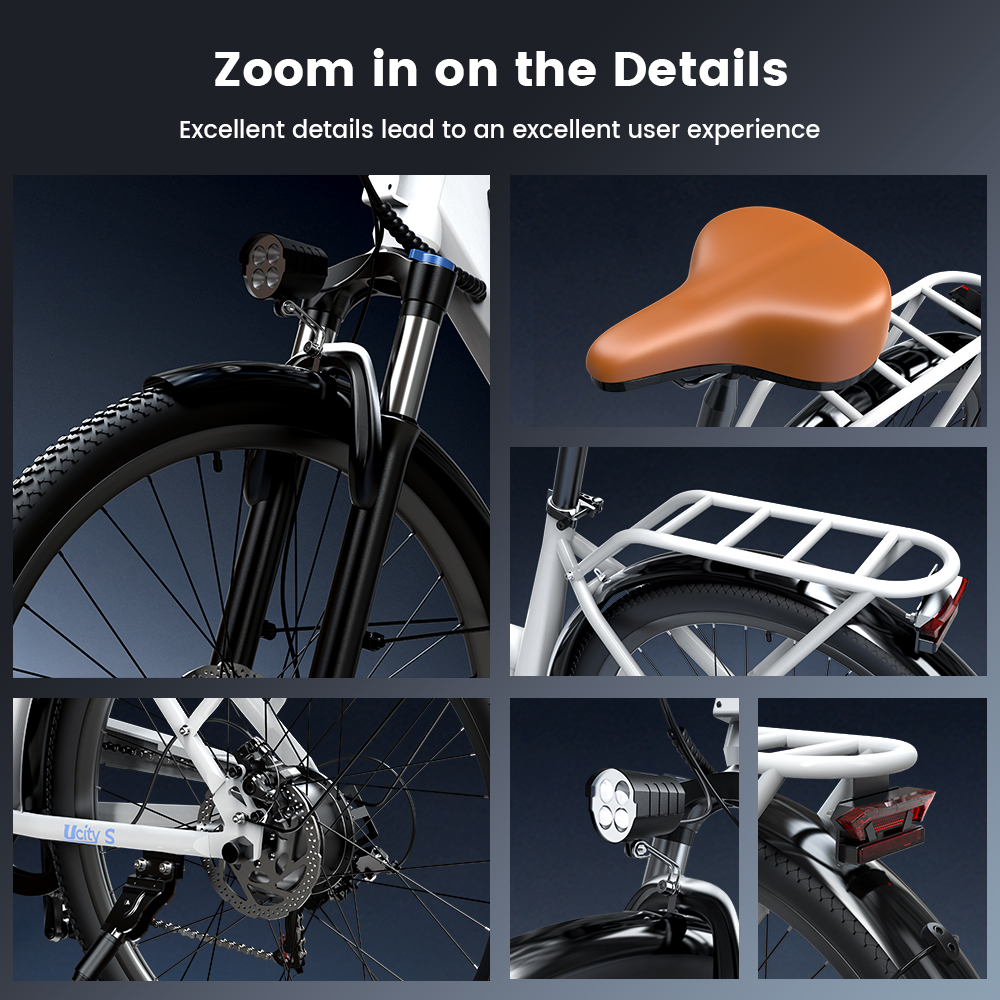 Zbliżenie roweru elektrycznego: przednie koło, brązowe siodełko, bagażnik, tylne światło.