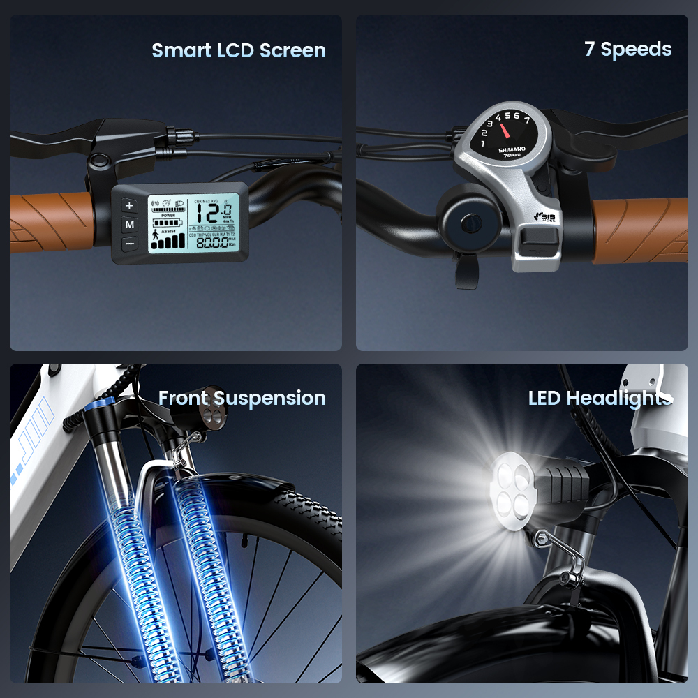 Cztery panele pokazują szczegóły roweru elektrycznego: ekran LCD, manetka, amortyzator, reflektory LED.