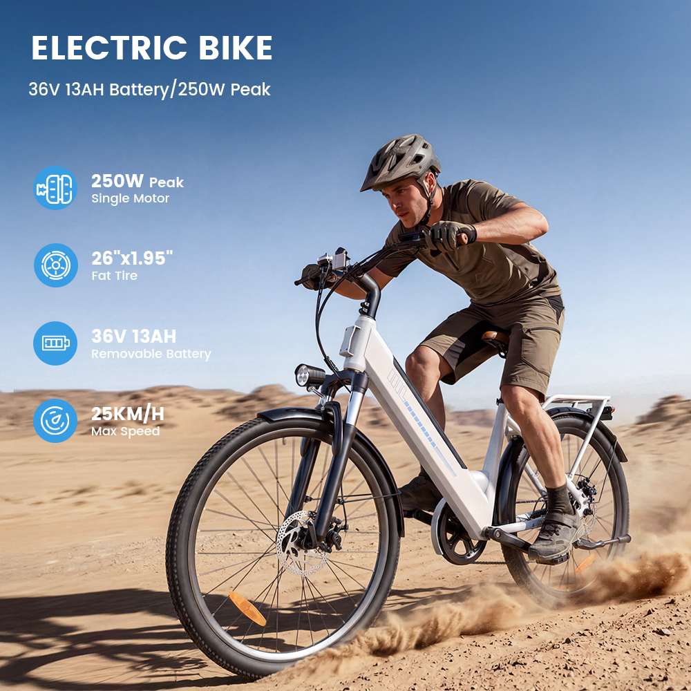 Mężczyzna jedzie białym rowerem elektrycznym przez piaszczysty teren. Specyfikacje po lewej.