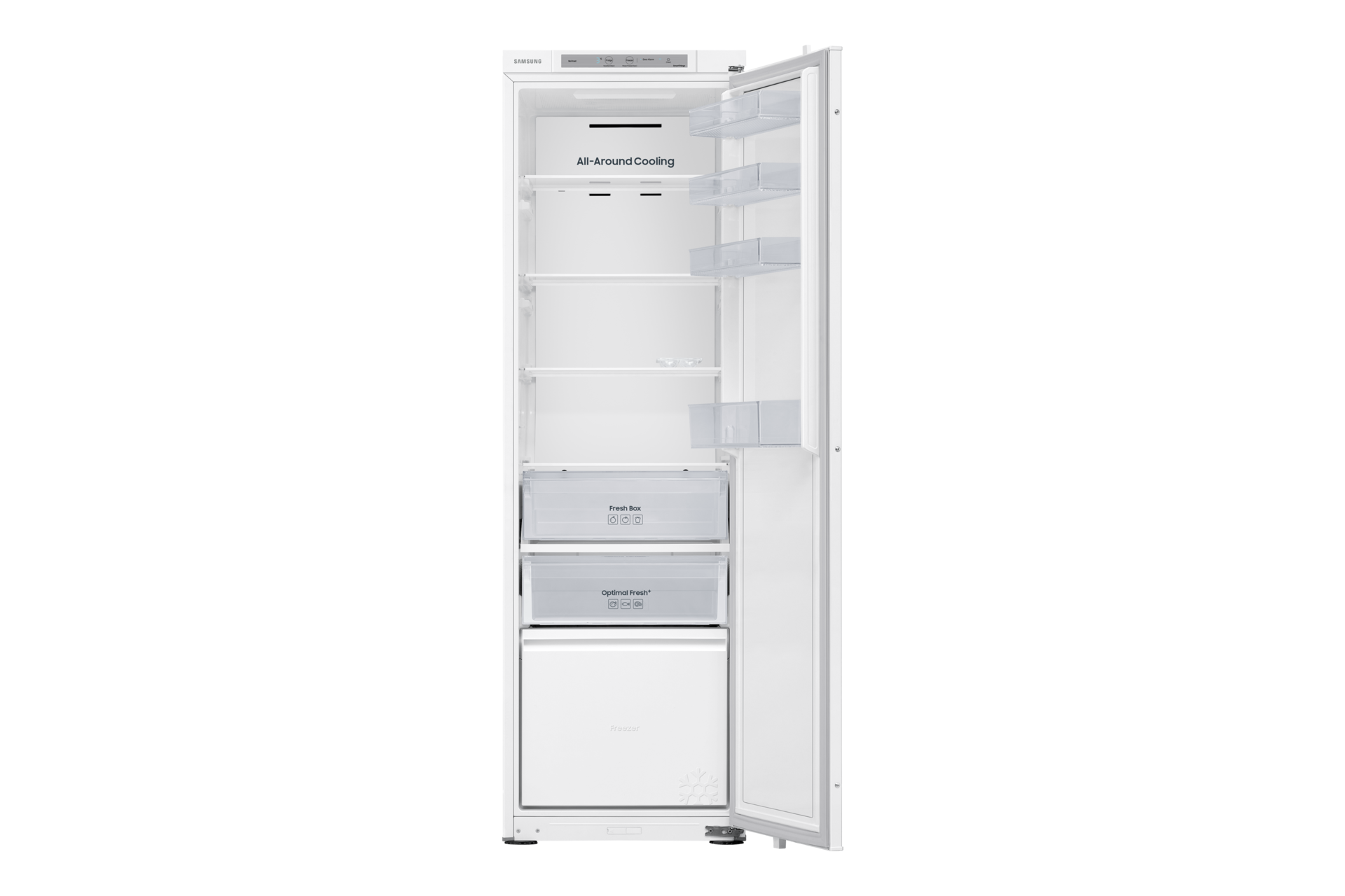 Offener weißer Kühlschrank mit Glasböden, Schubladen und Gefrierfach.