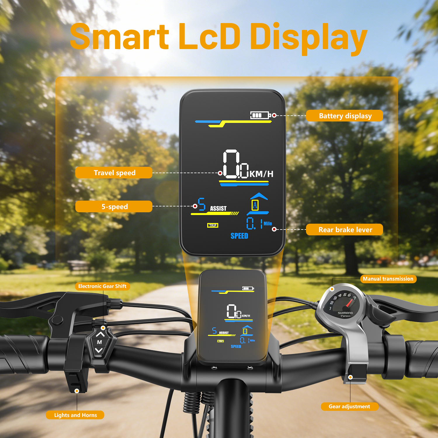 Kierownica roweru elektrycznego z wyświetlaczem LCD, manetką zmiany biegów i hamulcem.