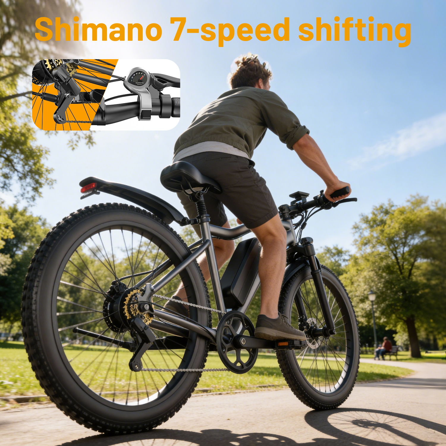 Mężczyzna jedzie na rowerze z przerzutką Shimano 7-biegową w parku.