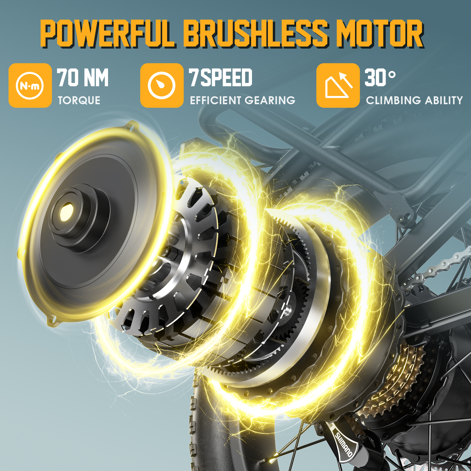 Mocny silnik bezszczotkowy 70 Nm momentu obrotowego, 7 biegów, zdolność podjazdu 30°.
