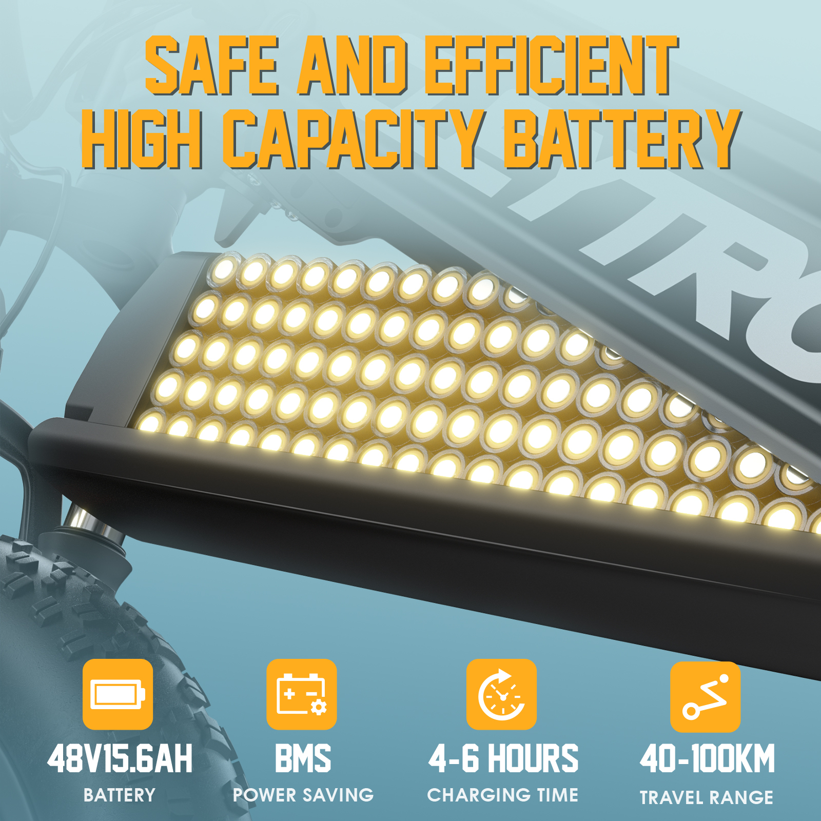 Zbliżenie akumulatora roweru elektrycznego ze światłami. Specyfikacje: 48V 15.6AH, BMS, 4-6h ładowanie, 40-100km zasięg.