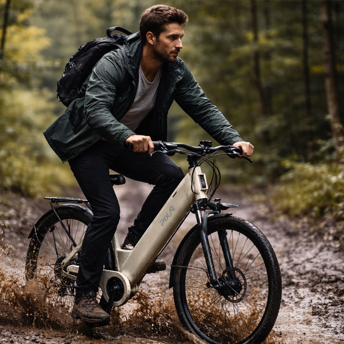 Mężczyzna jedzie rowerem elektrycznym po błotnistym leśnym szlaku, rozpryskując wodę.