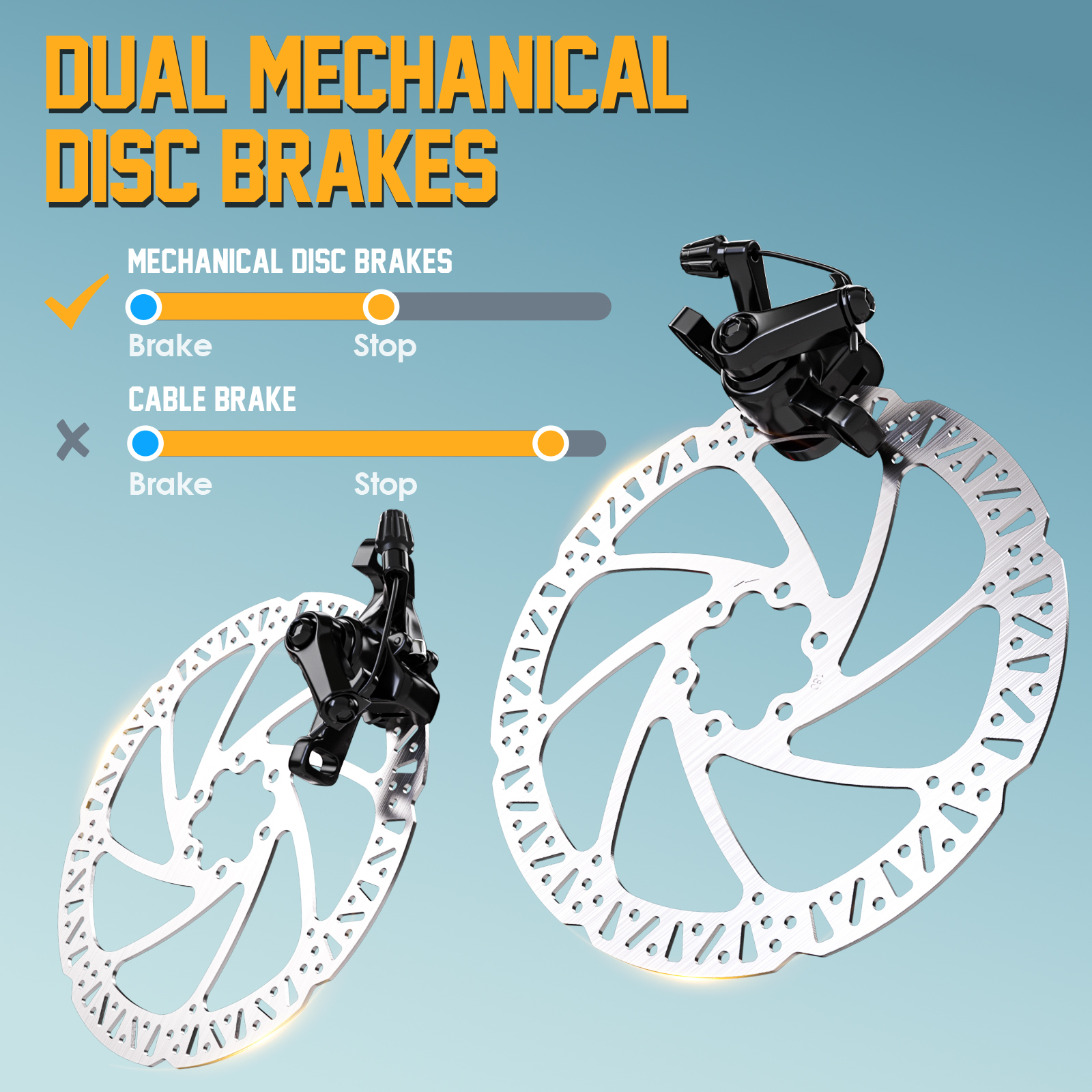 Dwa mechaniczne hamulce tarczowe z tarczami i czarnymi zaciskami. Grafika porównawcza.