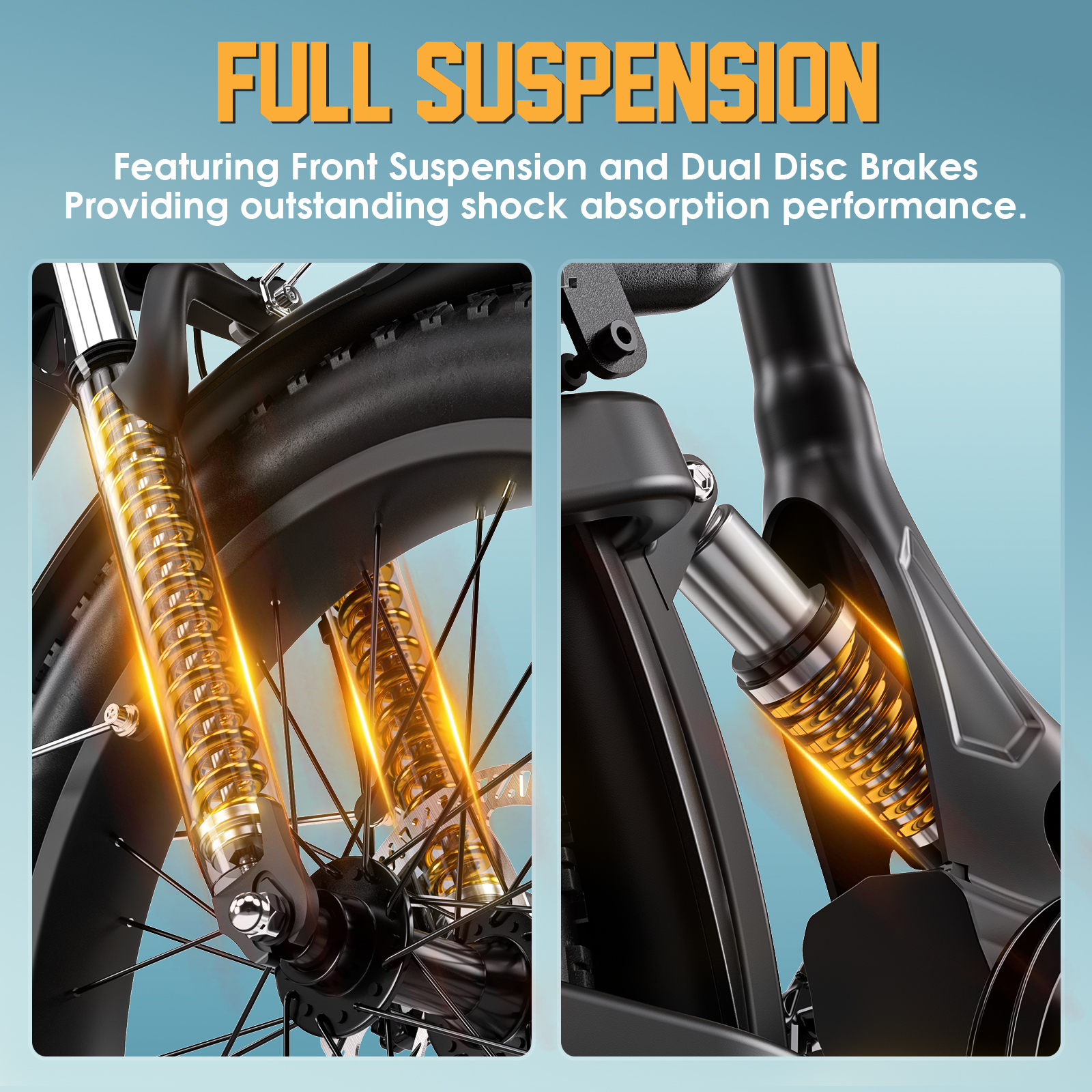 Amortyzacja roweru z przodu ze sprężynami i hamulcem tarczowym.