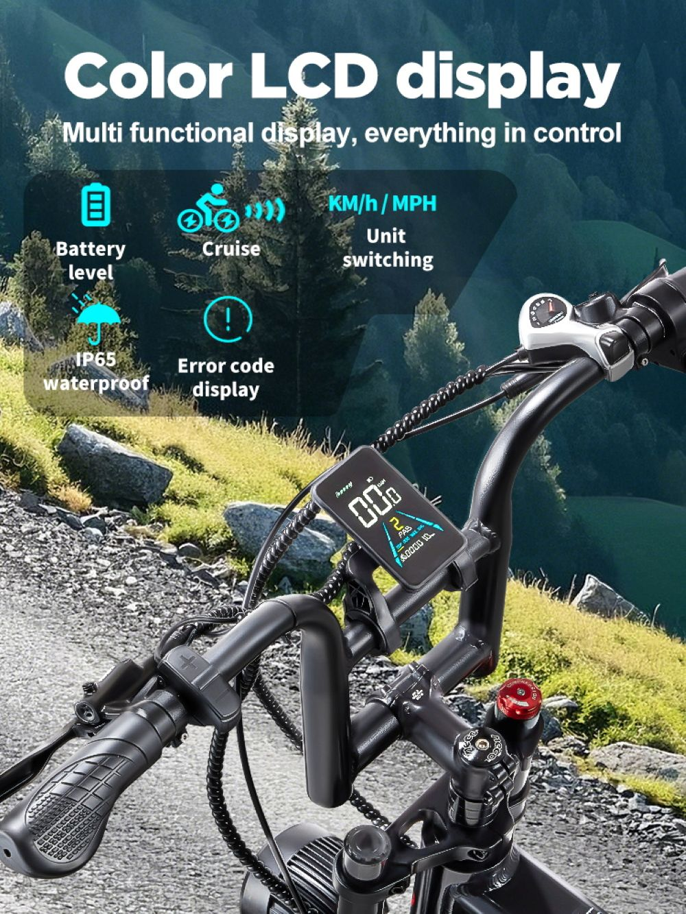 Manillar de bicicleta con pantalla LCD a color, muestra batería, velocidad, códigos.