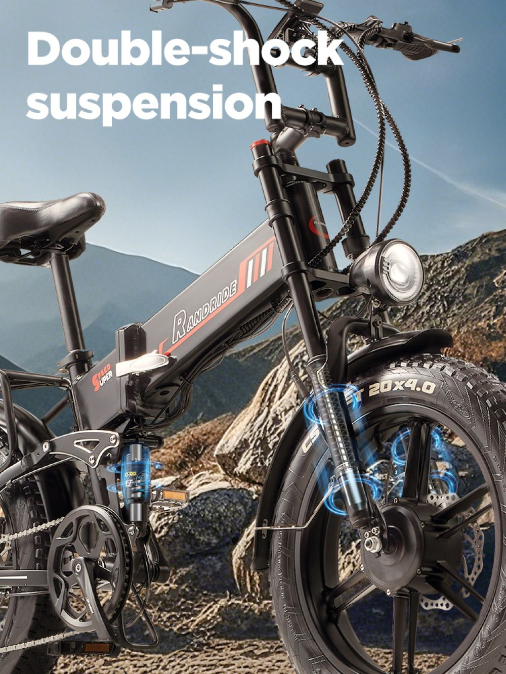 Bicicleta eléctrica negra con doble suspensión en paisaje rocoso.
