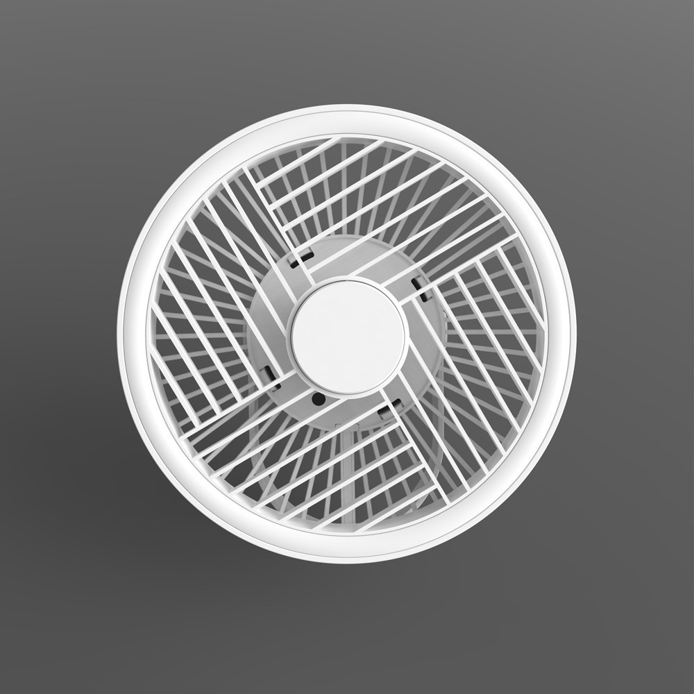 Cubierta de ventilador blanca con patrón de rejilla sobre fondo gris.