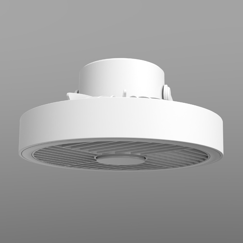 Un ventilador de techo blanco con rejilla y rotor en detalle.