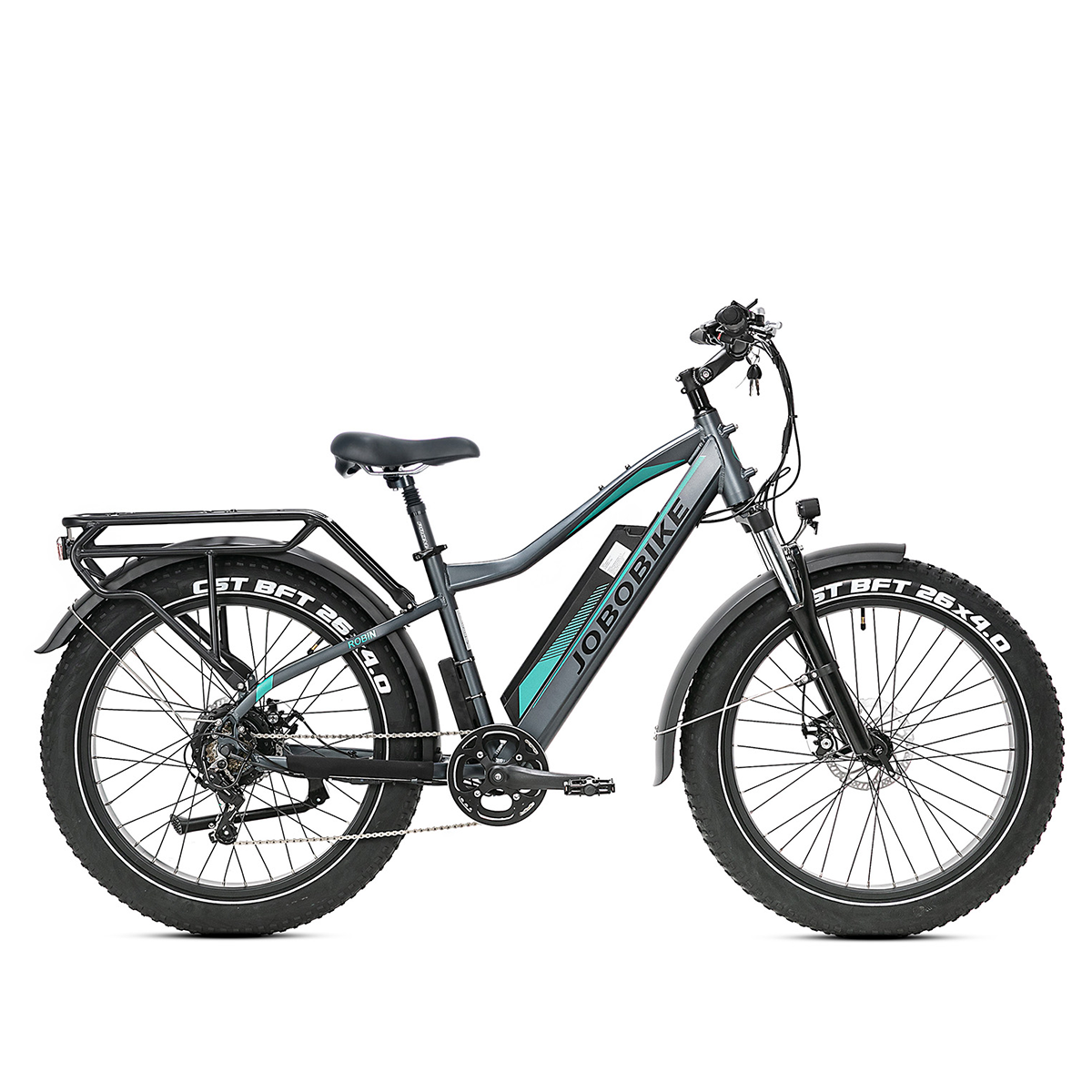 Szary rower elektryczny z szerokimi oponami, bagażnikiem i logo JOBOBIKE.