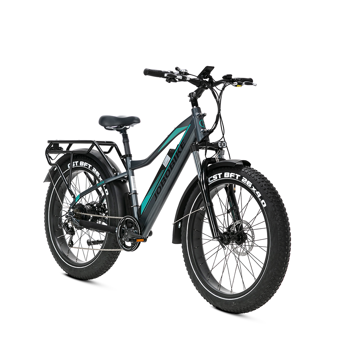 Ciemnoszary rower elektryczny z grubymi oponami, bagażnikiem i turkusowymi akcentami.
