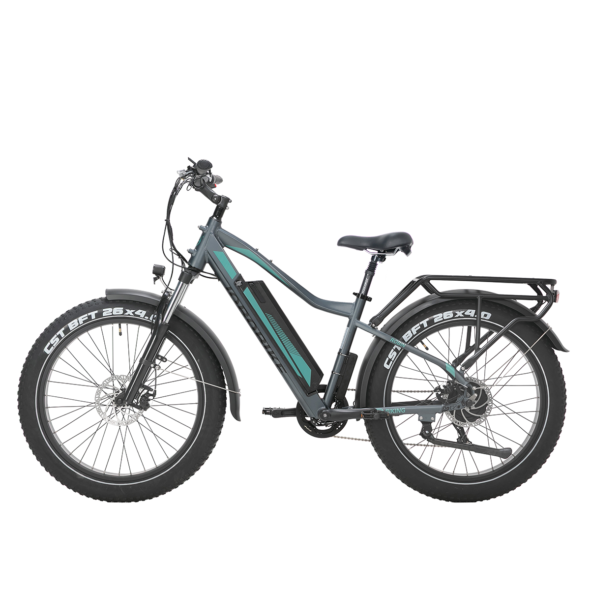 Szary rower elektryczny typu fat bike z czarnym siodłem, błotnikami i bagażnikiem. Turkusowe akcenty.