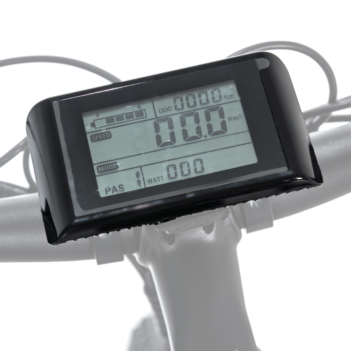 Cyfrowy wyświetlacz komputera rowerowego pokazujący prędkość, przebieg i moc.