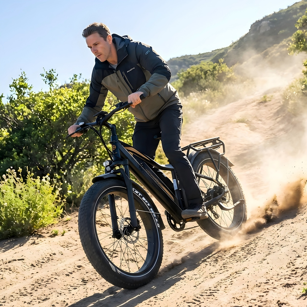 Mężczyzna jedzie na rowerze elektrycznym fat bike po piaszczystym, zakurzonym szlaku.