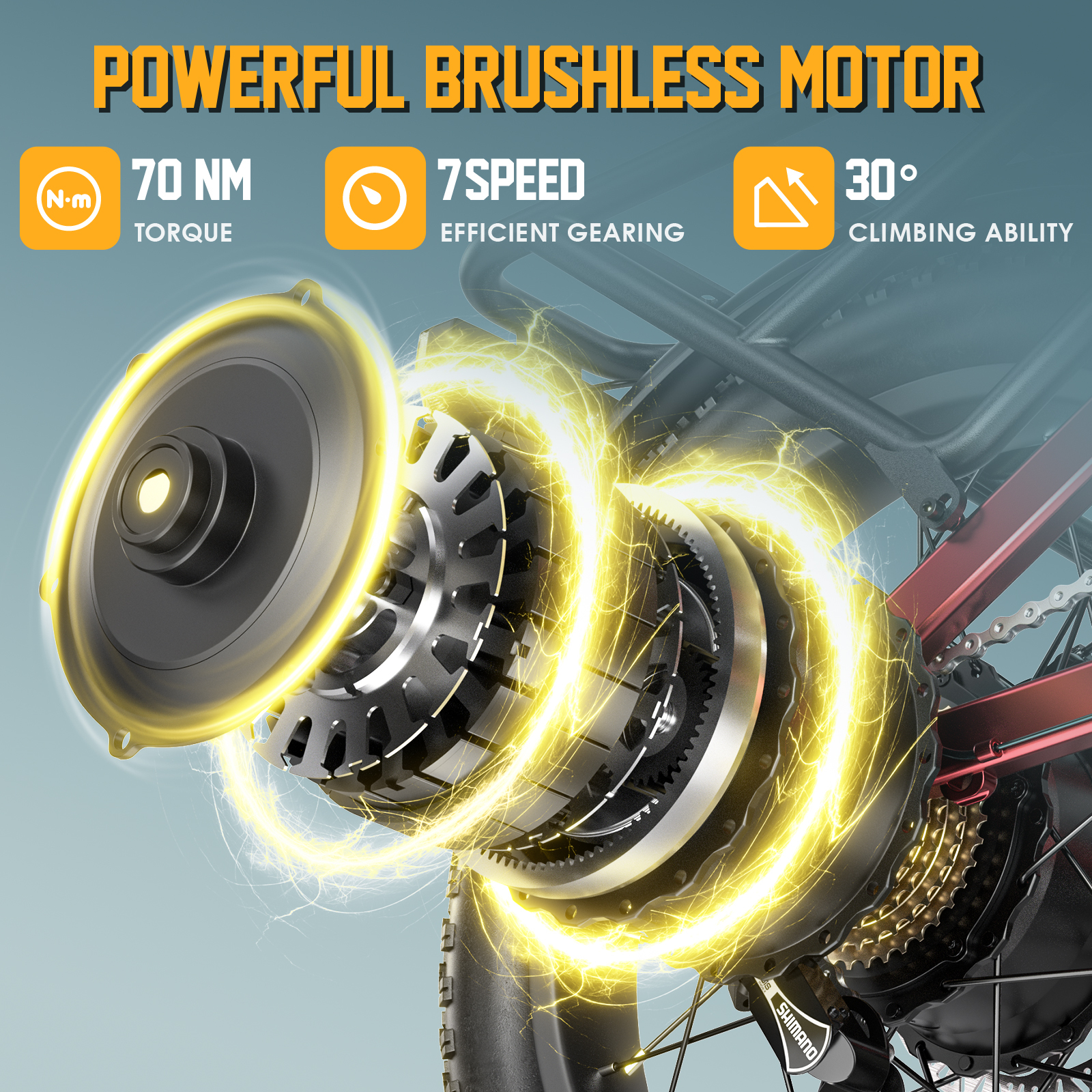 Zbliżenie silnika roweru elektrycznego, zębatek i łańcucha, otoczone żółtymi iskrami.