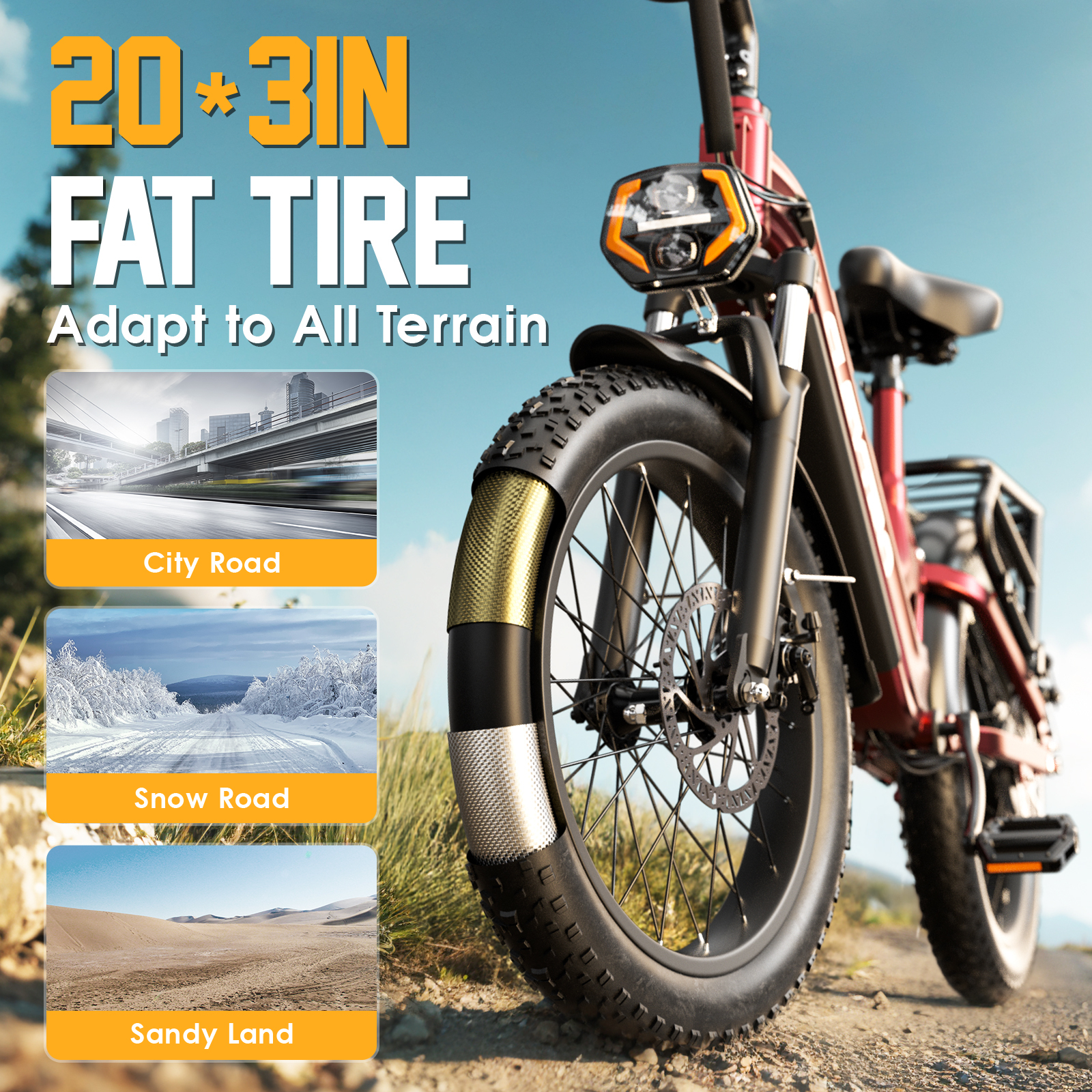 Czerwony e-rower z grubymi oponami, dostosowany do miasta, śniegu i piasku.