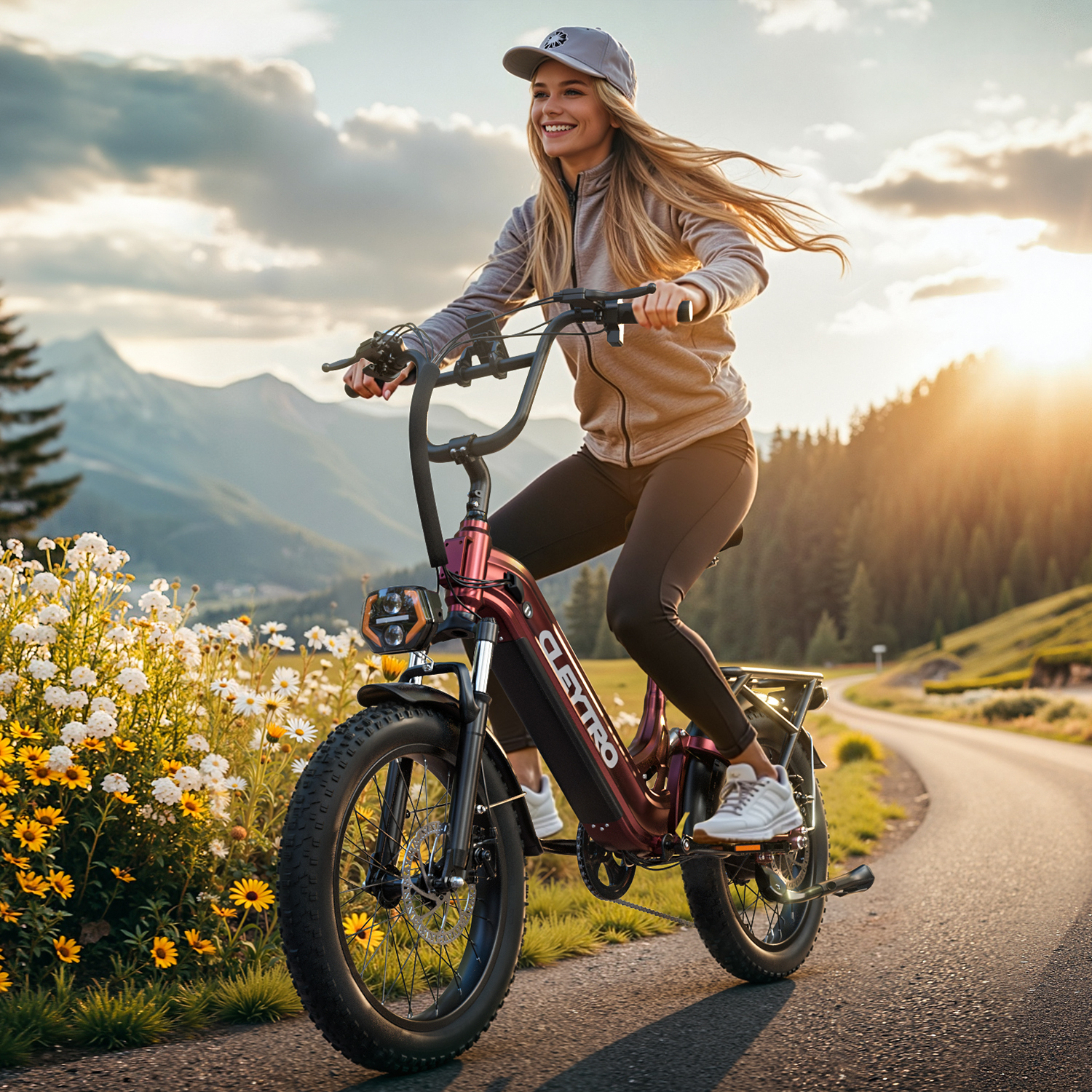 Kobieta jedzie rowerem elektrycznym po drodze z kwiatami i górami w tle.