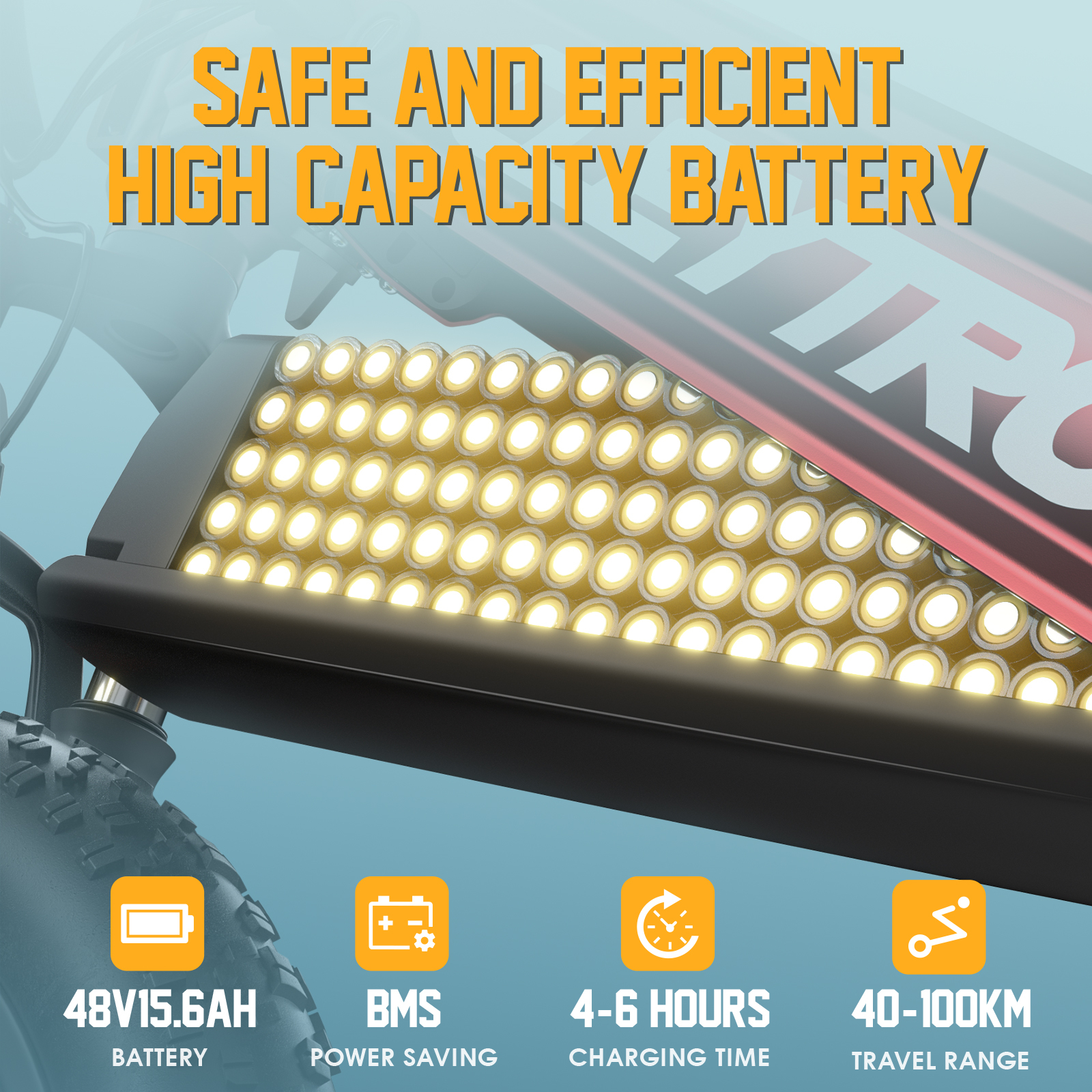 Bateria e-bike: 48V 15.6AH, BMS, 4-6h ładowania, 40-100km zasięgu.