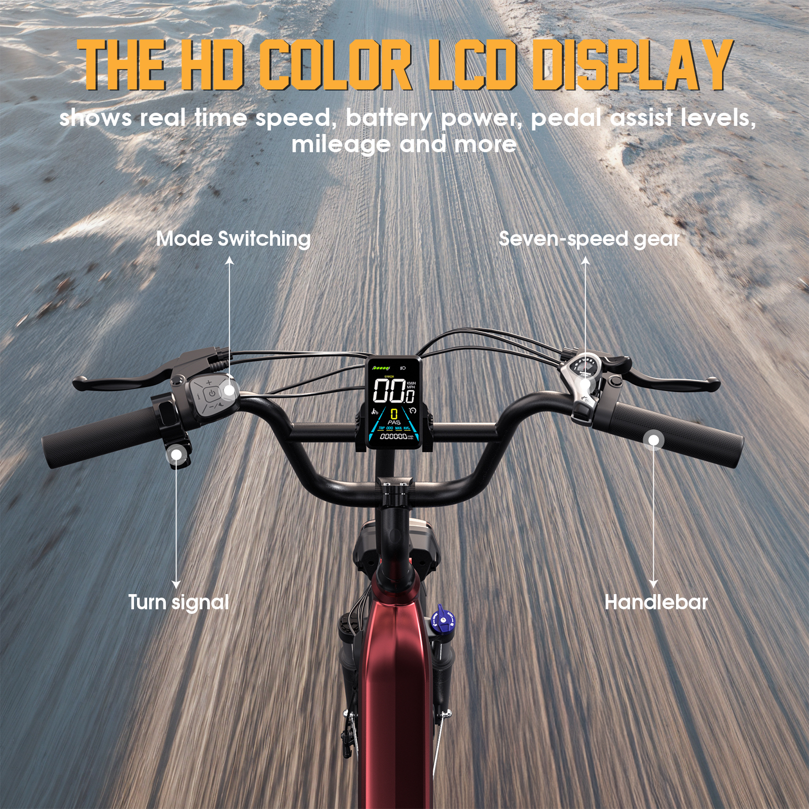 Kierownica roweru elektrycznego z cyfrowym wyświetlaczem pokazującym prędkość, baterię, tryb.
