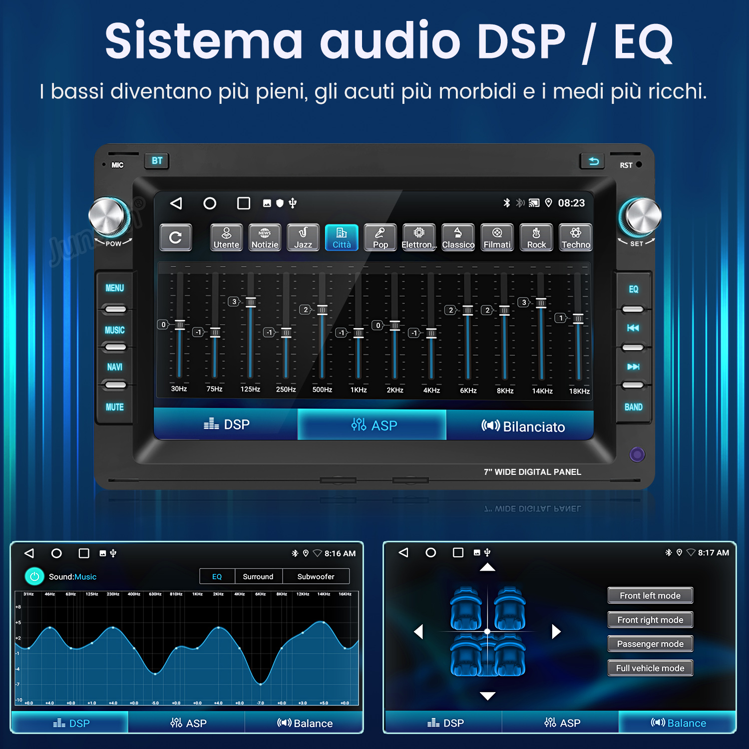 Un display autoradio che mostra impostazioni EQ e modalità audio.