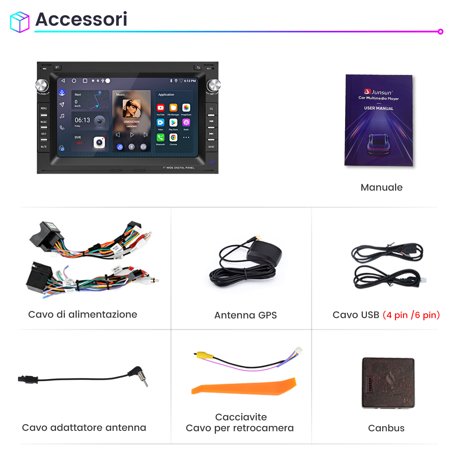 Accessori: Display autoradio, manuale, cavo alimentazione, antenna GPS, cavo USB, adattatore antenna, attrezzo, Canbus.