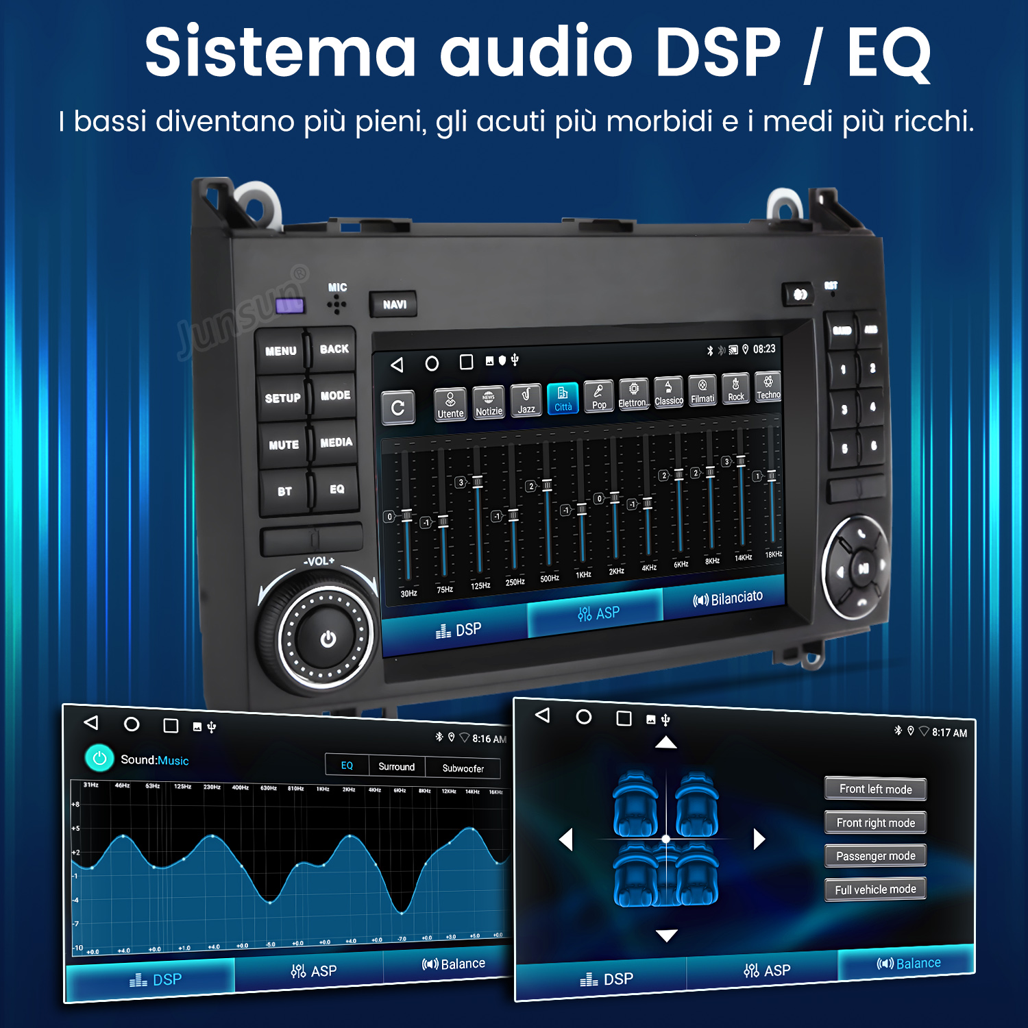 Un display per autoradio mostra impostazioni EQ, curve equalizzatore e modalità audio auto.