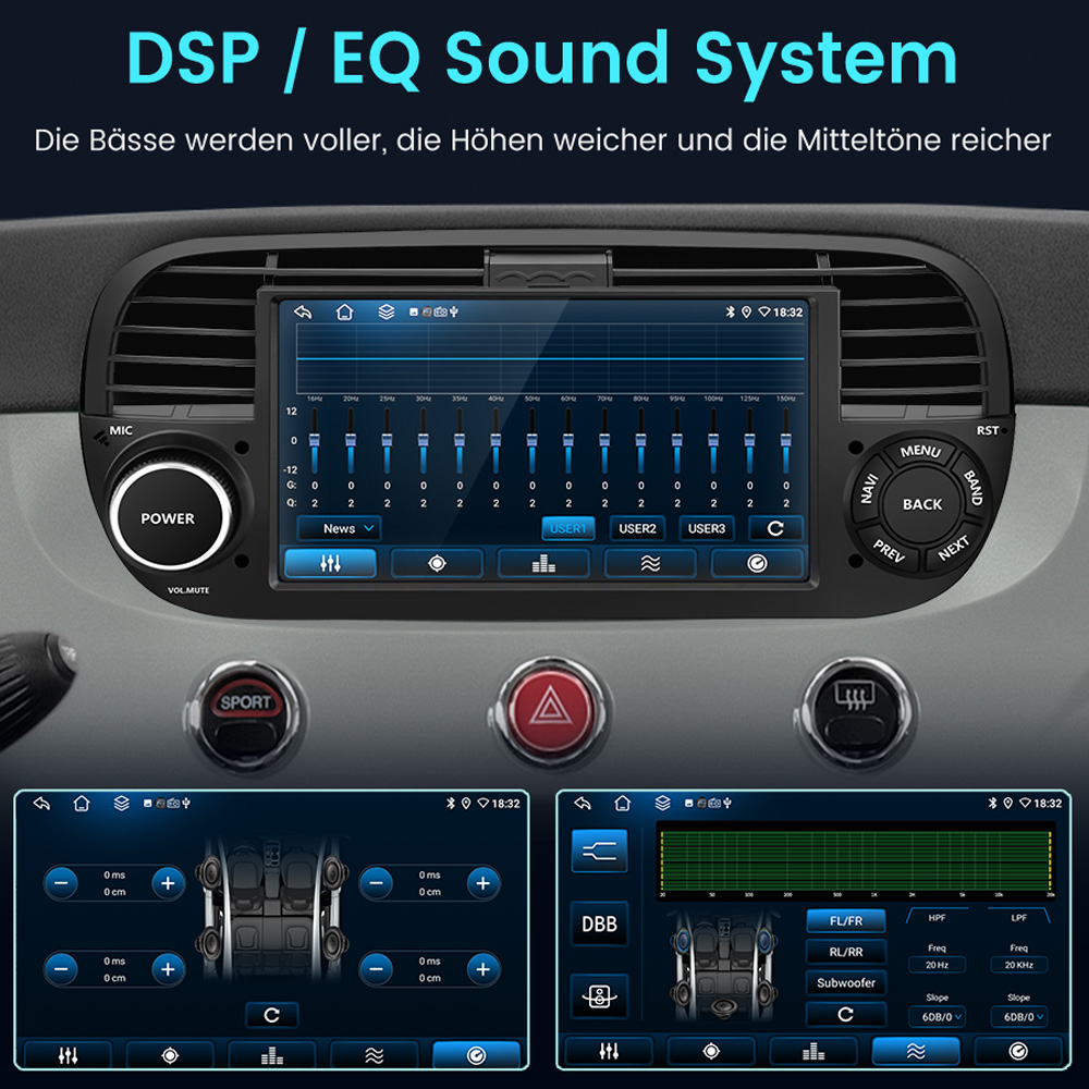 Cruscotto auto che mostra i menu del sistema audio DSP/EQ e le impostazioni dell'equalizzatore.