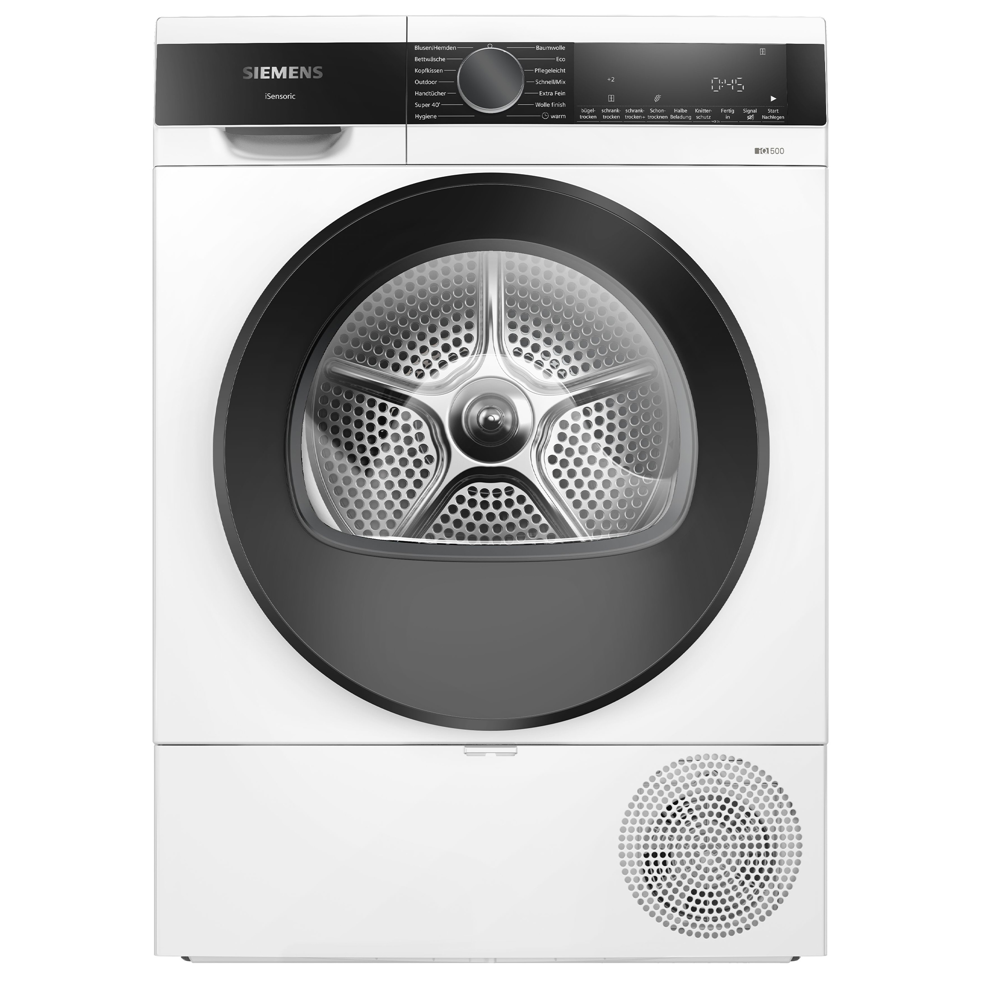 Un'asciugatrice Siemens bianca con porta e pannello di controllo neri.