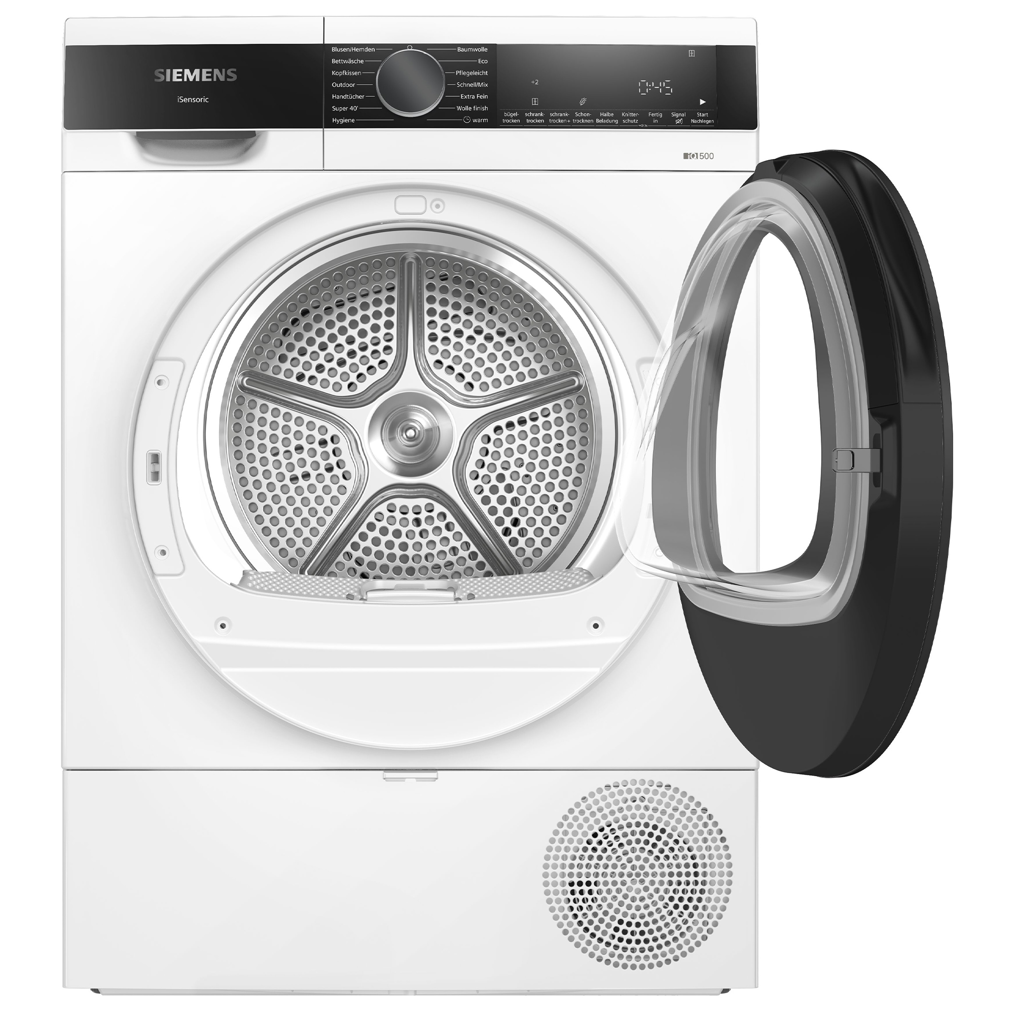 Lavatrice Siemens bianca con porta aperta e pannello di controllo.