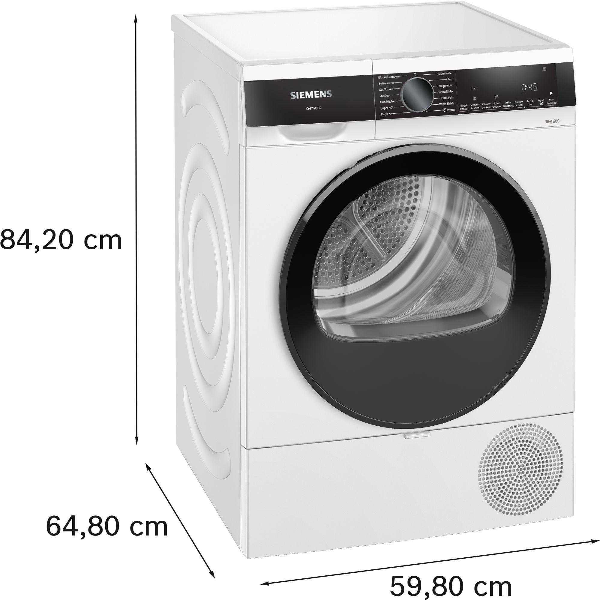 Ein weißer Siemens Wäschetrockner mit schwarzer Tür und Bedienfeld.