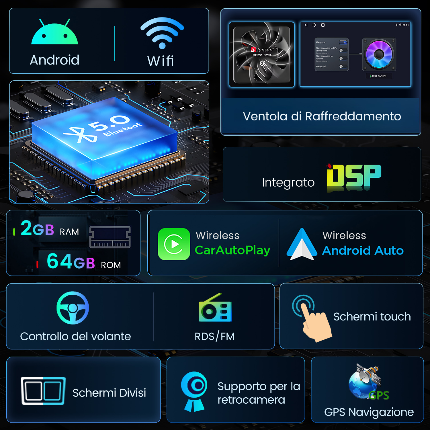 Android, WiFi, Ventola, DSP, 2GB RAM, 64GB ROM, Controllo Volante, RDS/FM, Touchscreen, Schermi Divisi, Retrocamera, GPS.