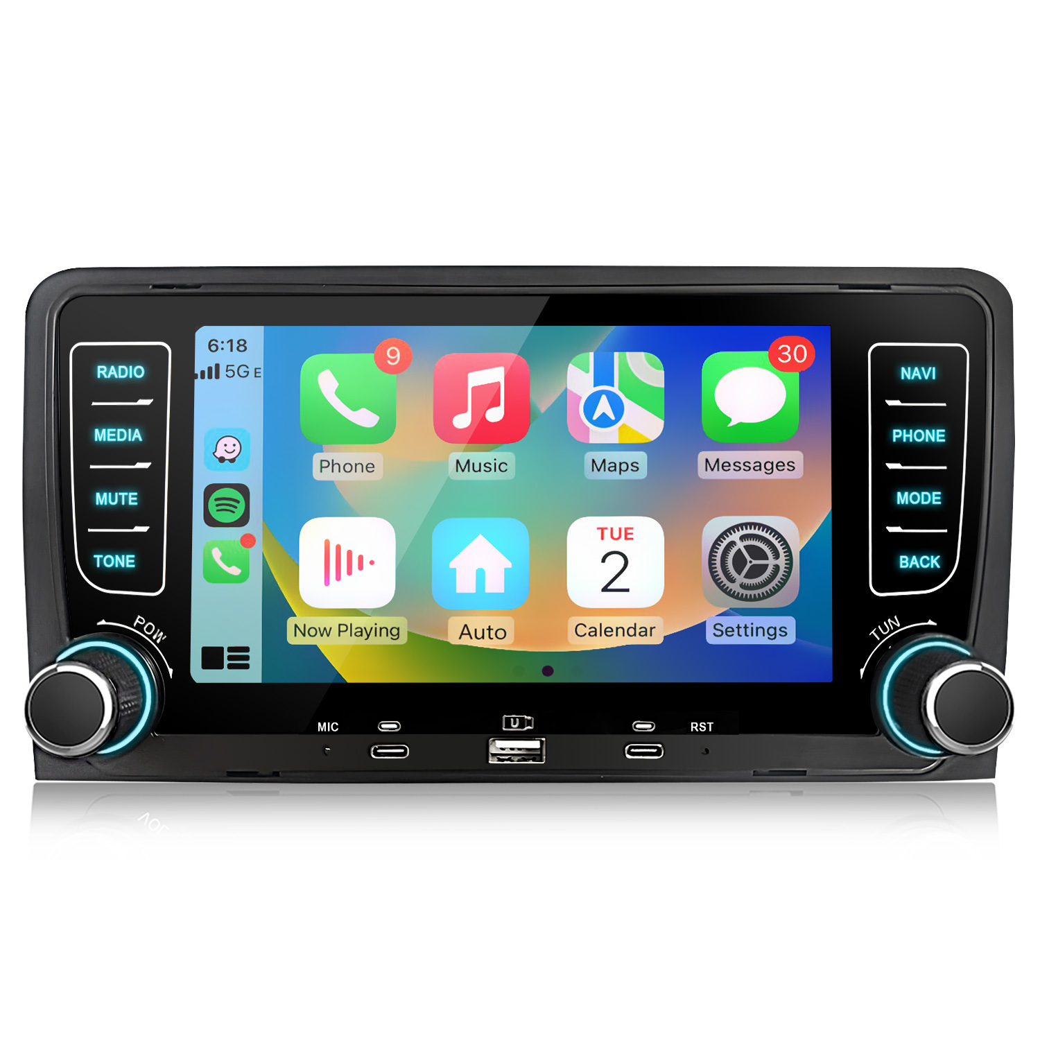 Pantalla de infoentretenimiento del coche mostrando iconos de teléfono, música, mapas y mensajes.