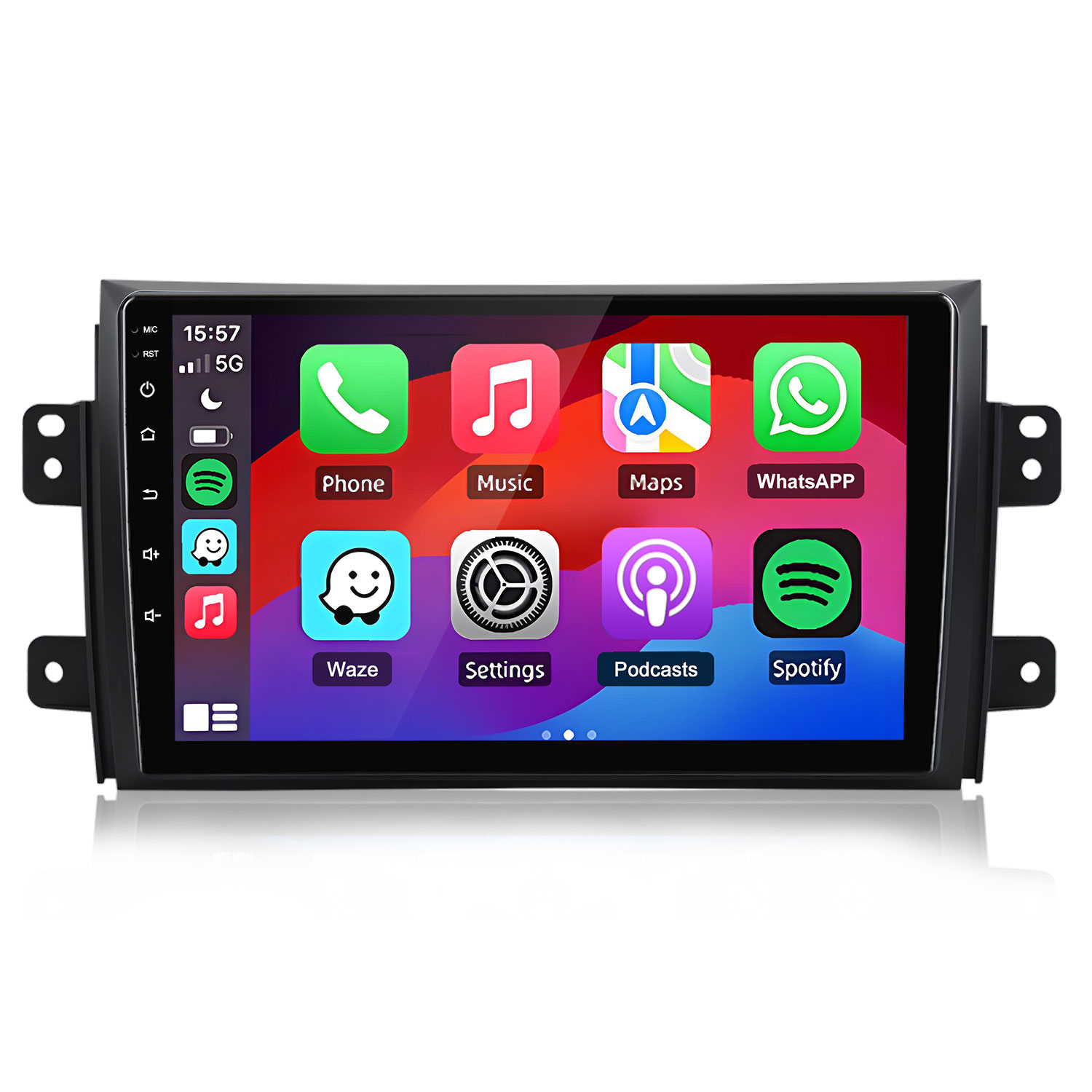 Ein Autoradio mit einem Touchscreen zeigt App-Symbole wie Telefon, Musik, Karten und WhatsApp.