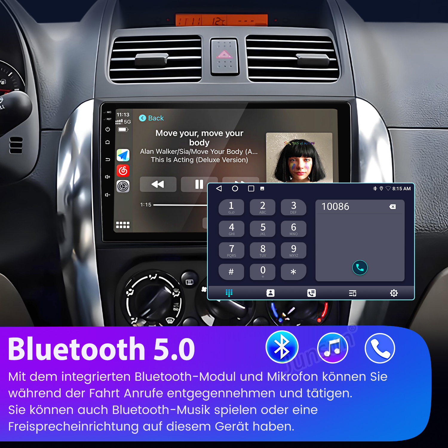 Autoinnenraum mit Touchscreen, der Musik und ein Ziffernfeld zeigt.