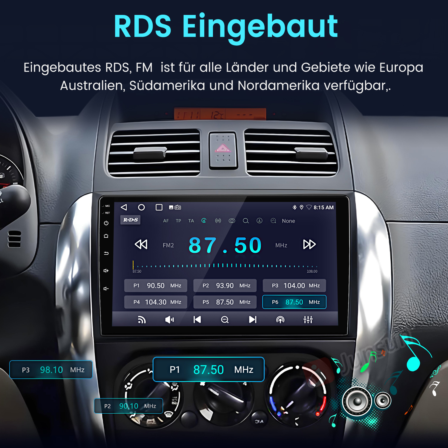 Einbau-Autoradio mit RDS-Anzeige, zeigt Sender 87.50 MHz an.