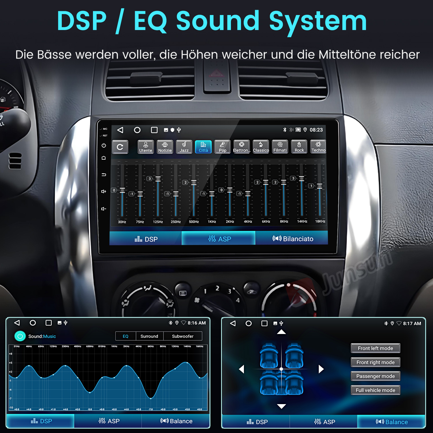 Auto-Infotainmentsystem mit EQ-, Surround- und Subwoofer-Einstellungen.