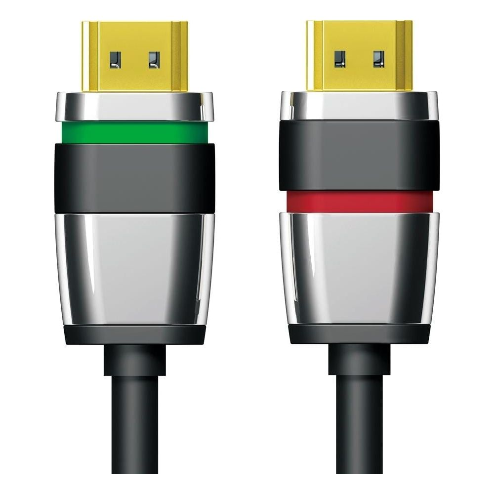 Zwei HDMI-Kabel mit Goldsteckern, eines mit grünem, eines mit rotem Band.
