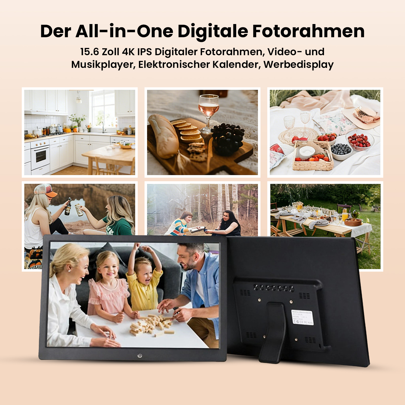 Digitale Bilderrahmen mit Küchen-, Picknick-, Wald- und Familienbildern.
