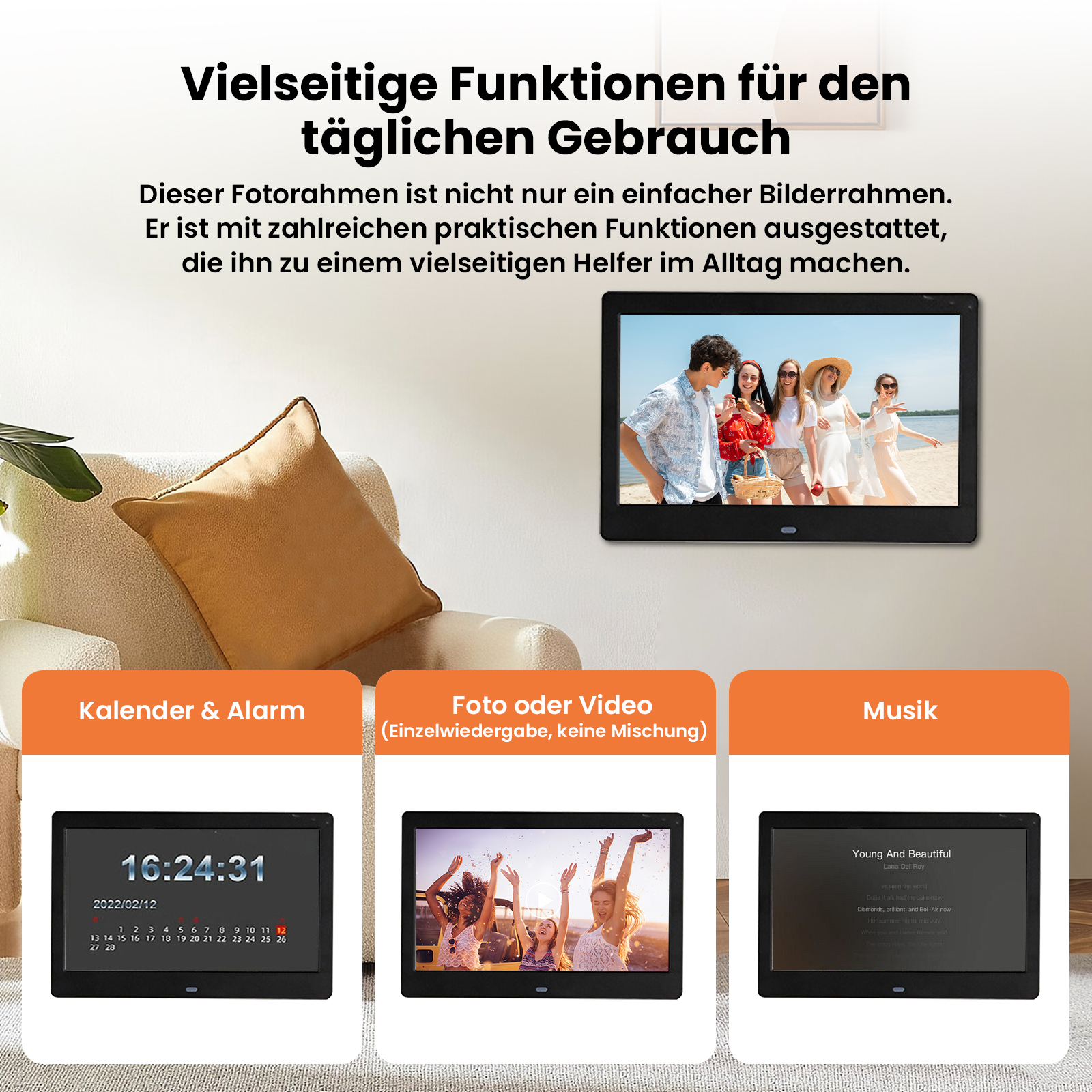 Ein digitaler Fotorahmen zeigt Kalender, Foto/Video und Musik-Features.