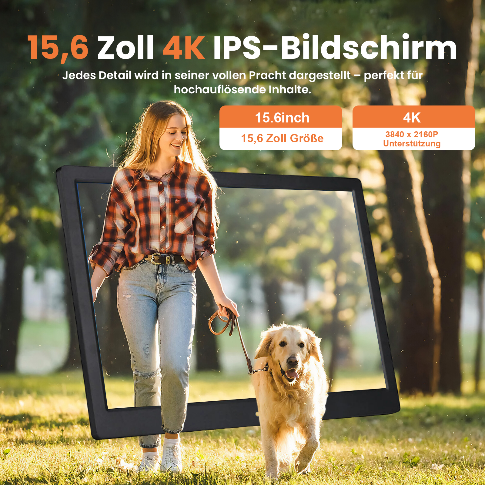 Frau mit Hund im Freien vor einem großen Bildschirm mit Text.