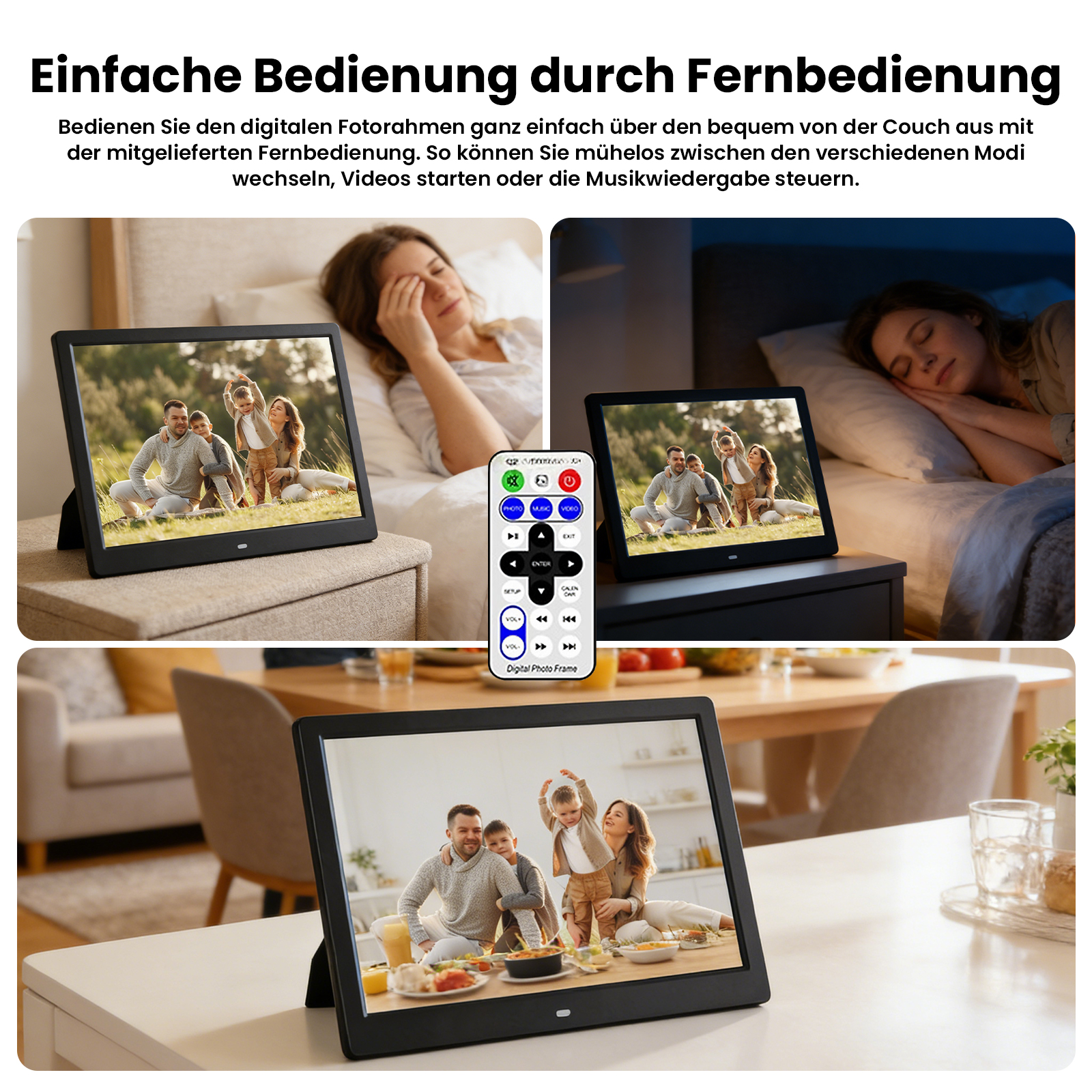 Digitaler Fotorahmen mit Familienfoto, Fernbedienung und schlafenden Personen.
