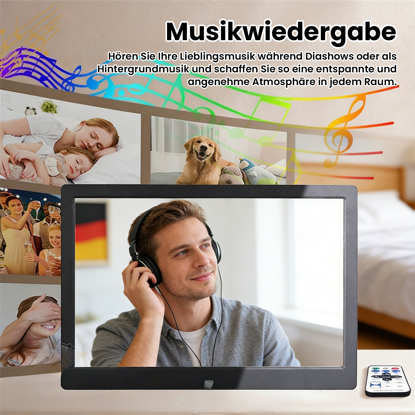 Mann mit Kopfhörern hört Musik, Diashow mit Bildern im Hintergrund.