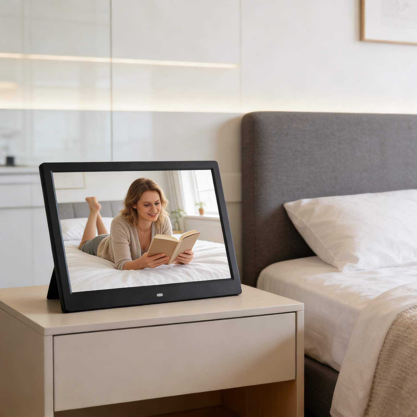 Eine Frau liegt auf einem Bett und liest ein Buch auf einem digitalen Bilderrahmen.