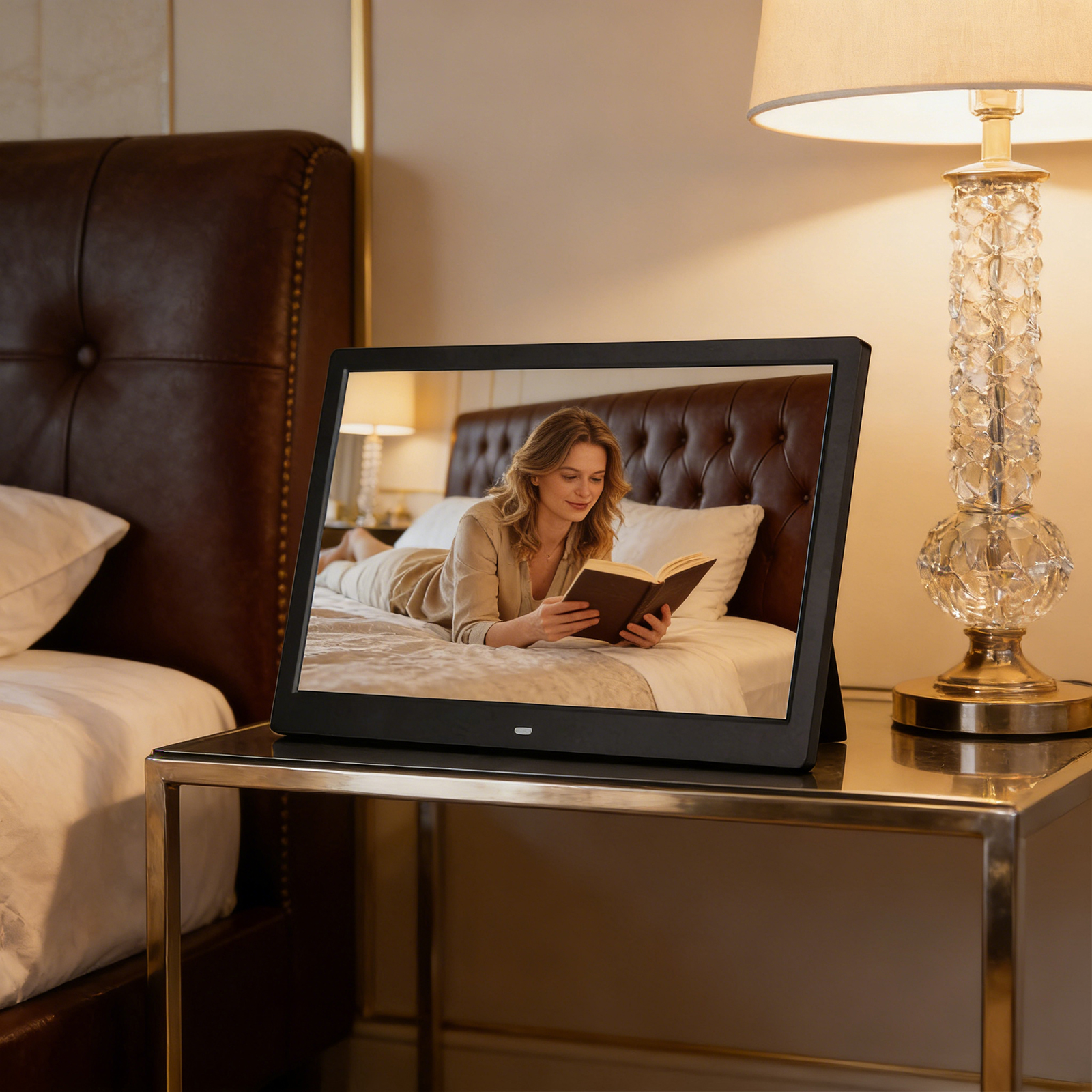Eine Frau liegt im Bett und liest ein Buch. Ein Digitaler Bilderrahmen zeigt dies.