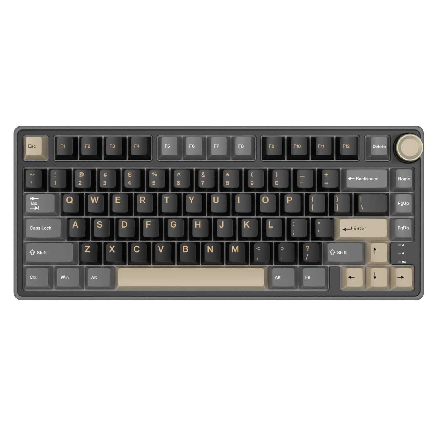 Tastiera meccanica grigia con keycaps color cuoio e beige.