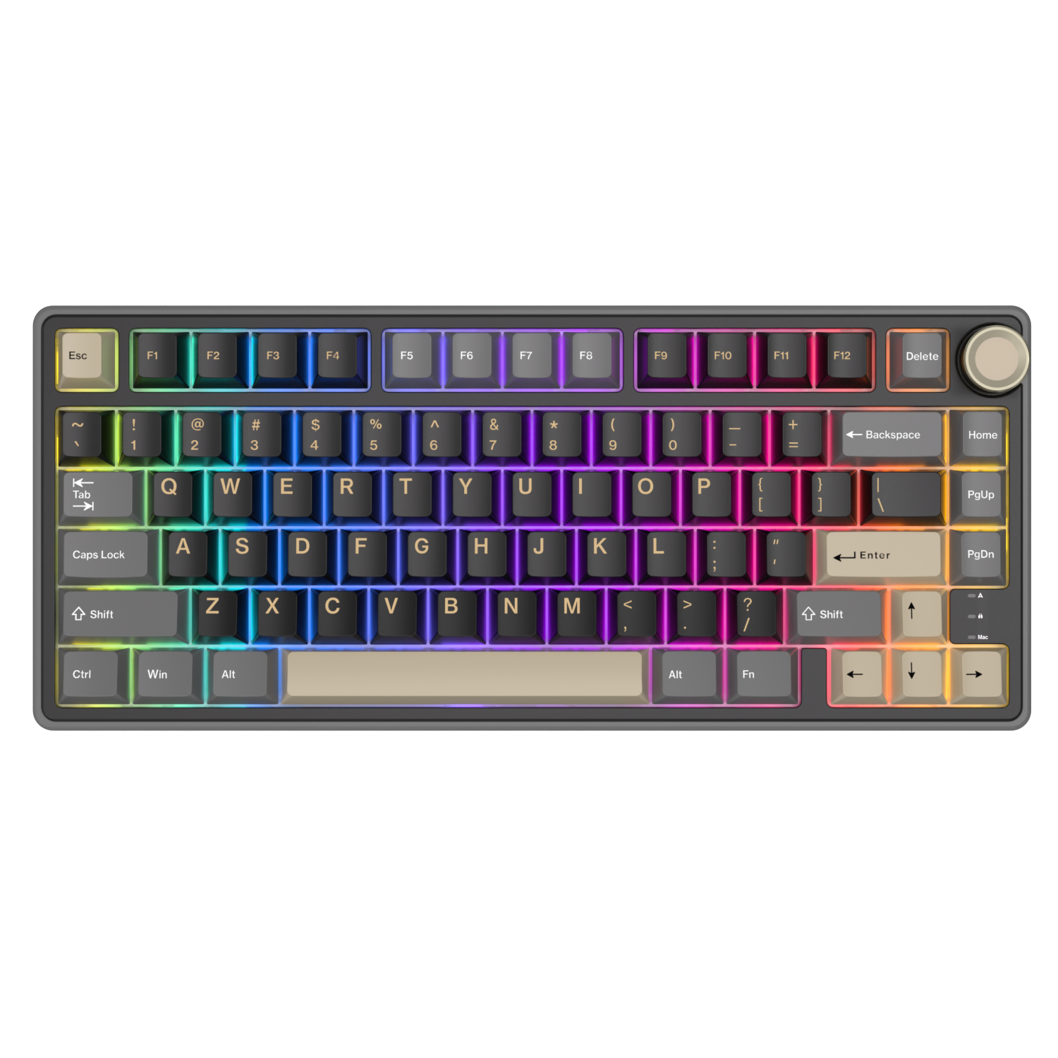 Una tastiera meccanica grigia con retroilluminazione RGB e una manopola rotante.