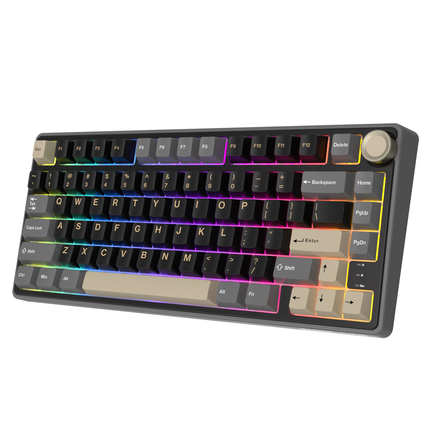 Una tastiera meccanica grigia con retroilluminazione RGB e una manopola rotante.